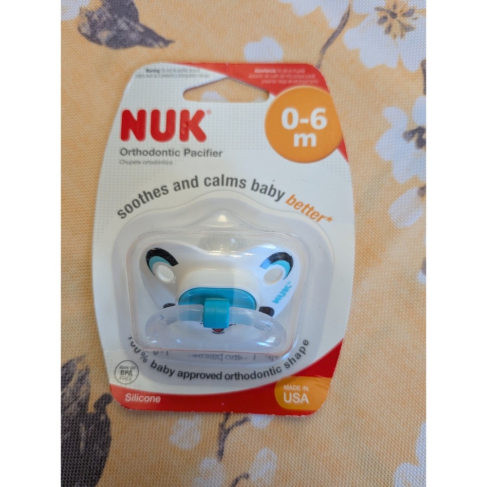 NUK Orthodontic Pacifier 0-6 Months BPA Free Silicone‎ Panda Design White Teal
